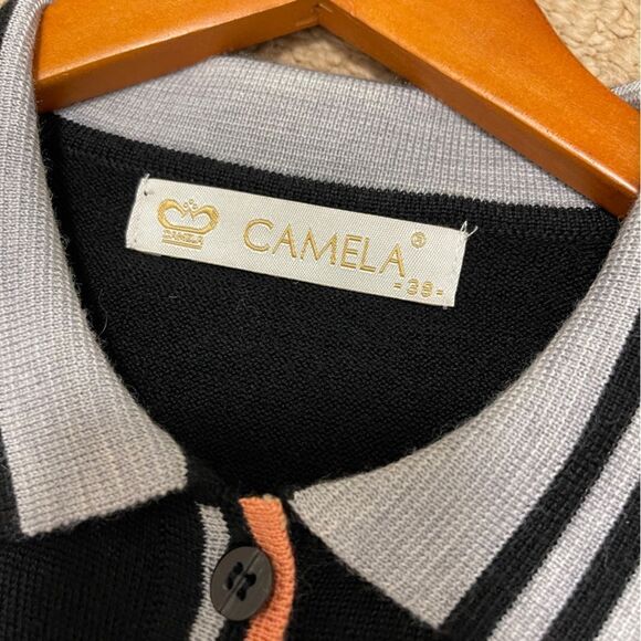 Vintage Camela Merino Wool Button-Collared Long Sleeve Polo Black Pink - Picture 7 of 9